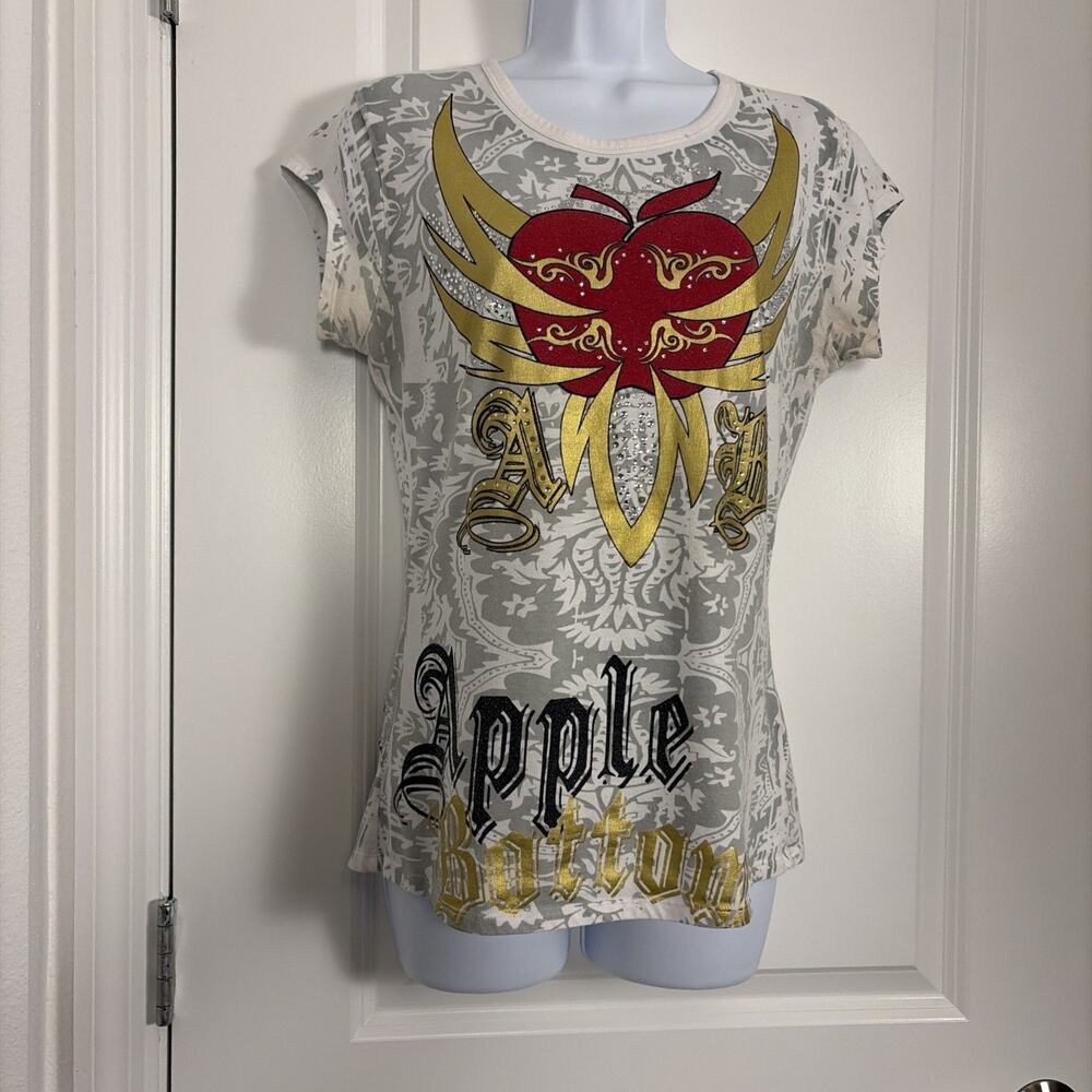 Vtg Y2K Apple Bottom T Shirt Rhinestone Gold Foil Winged Apple Xl Top See Pic